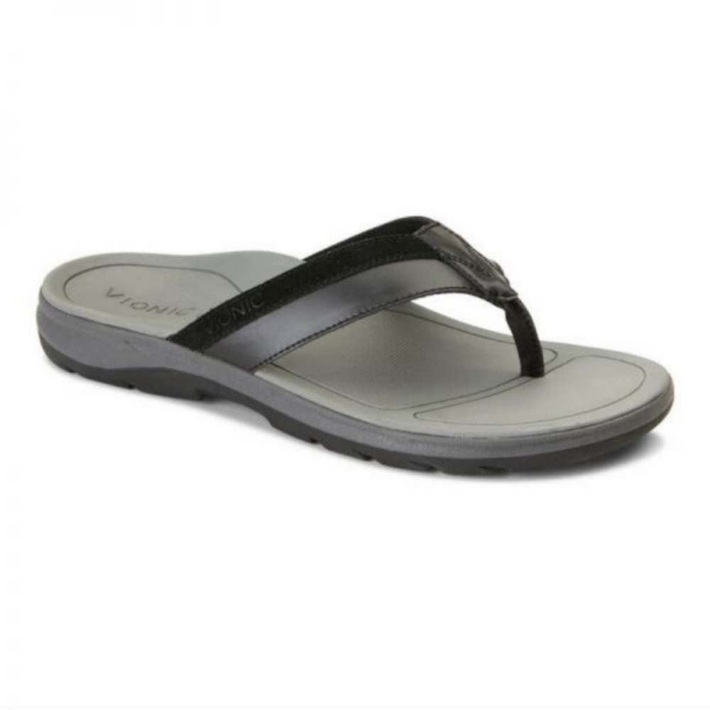 NEW! Vionic Men's Dennis Black leather canoe sandal flip flops new in box